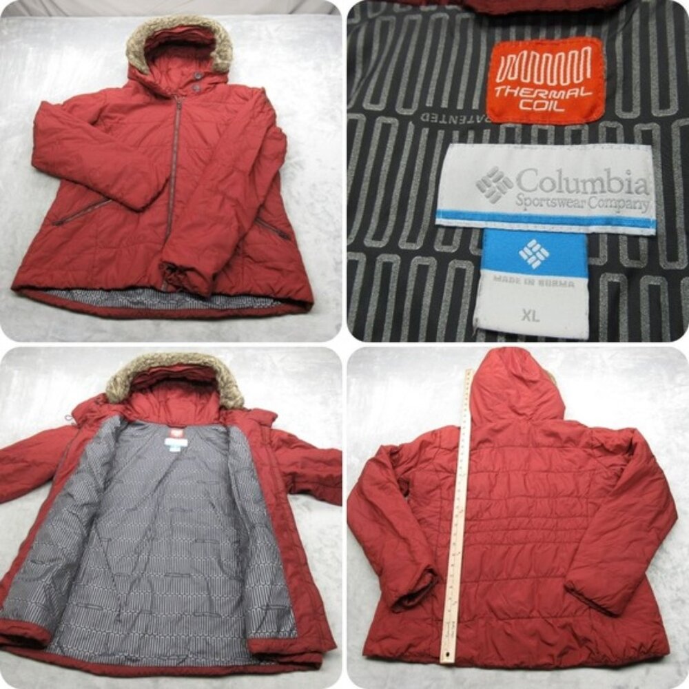 Columbia Jacket Womens XL Dark Red Thermal Coil Puffer Faux Fur Hood Insulated